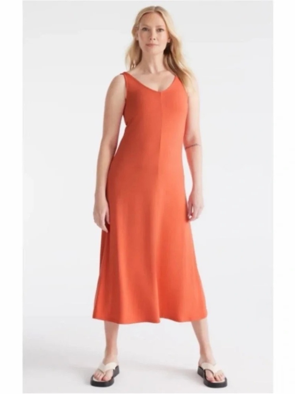 Knix Modal Sleeveless V Neck Midi Dress in Sunset Orange‎ Size XXXL